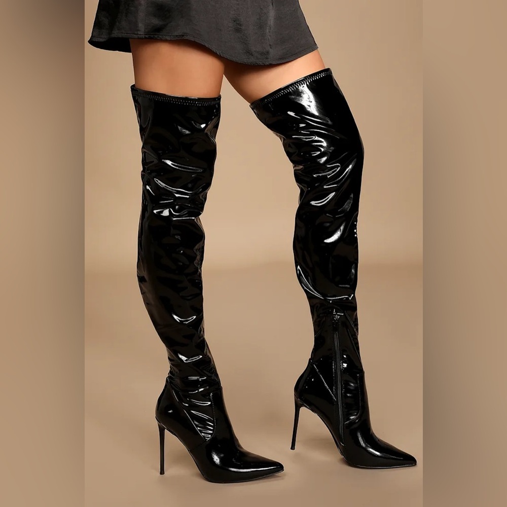 Steve Madden Viktory Black Patent Over-the-Knee Stiletto Boots - 10